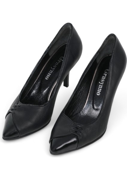 Hakiki Deri Stiletto Siyah Topuklu Ayakkabı - 7,5 Cm İnce Topuk Sivri Burun - El İşçiliği Premium Yumuşak Deri GRS009-SH