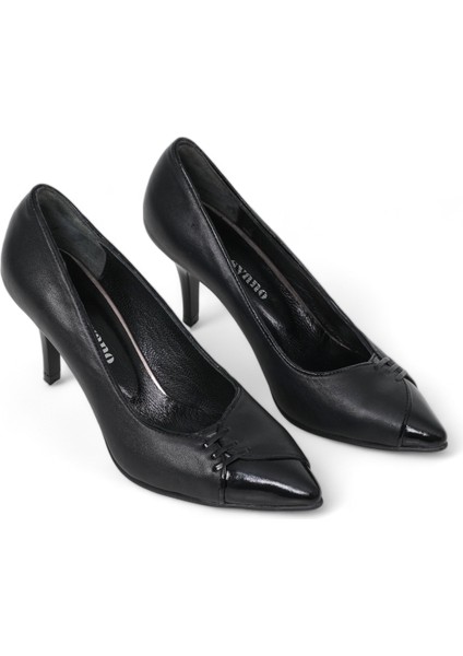 Hakiki Deri Stiletto Siyah Topuklu Ayakkabı - 7,5 Cm İnce Topuk Sivri Burun - El İşçiliği Premium Yumuşak Deri GRS009-SH
