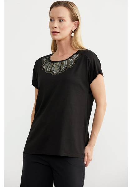 Yaka Detaylı Dökümlü Penye T-Shirt - Siyah modelleri