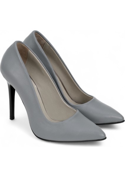 Hakiki Deri Yüksek Stiletto Topuklu Ayakkabı Gri - 10,5 Cm İnce Topuk Sivri Burun - El İşçiliği Premium Yumuşak Deri GRS020-GR
