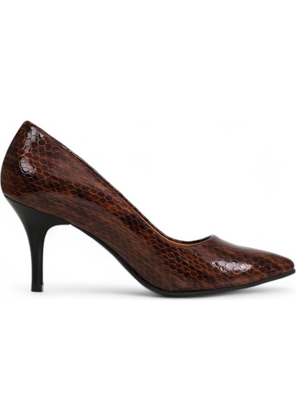 Hakiki Deri Stiletto Topuklu Ayakkabı Taba Yılan Desenli - 7,5 Cm İnce Topuk Sivri Burun - El İşçiliği Premium Yumuşak Deri GRS043-TB