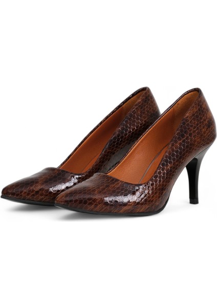 Hakiki Deri Stiletto Topuklu Ayakkabı Taba Yılan Desenli - 7,5 Cm İnce Topuk Sivri Burun - El İşçiliği Premium Yumuşak Deri GRS043-TB