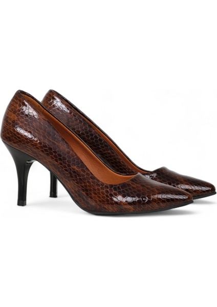 Hakiki Deri Stiletto Topuklu Ayakkabı Taba Yılan Desenli - 7,5 Cm İnce Topuk Sivri Burun - El İşçiliği Premium Yumuşak Deri GRS043-TB