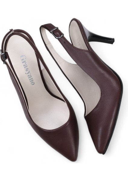 Hakiki Deri Stiletto Sandalet Topuklu Ayakkabı KAHVE - 7,5 Cm İnce Topuk Sivri Burun - El İşçiliği Premium Deri GRS048-KH
