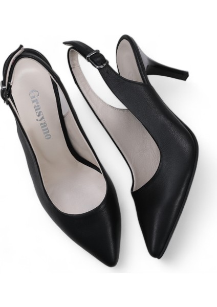 Hakiki Deri Stiletto Sandalet Topuklu Ayakkabı SİYAH - 7,5 Cm İnce Topuk Sivri Burun - El İşçiliği Premium Deri GRS048-SH
