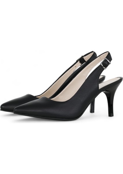 Hakiki Deri Stiletto Sandalet Topuklu Ayakkabı SİYAH - 7,5 Cm İnce Topuk Sivri Burun - El İşçiliği Premium Deri GRS048-SH