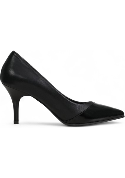 Hakiki Deri Stiletto Topuklu Ayakkabı Siyah - 7,5 Cm İnce Topuk Sivri Burun - Rugan Detaylı El İşçiliği Premium Deri GRS035-SH