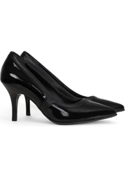 Hakiki Deri Stiletto Topuklu Ayakkabı Siyah - 7,5 Cm İnce Topuk Sivri Burun - Rugan Detaylı El İşçiliği Premium Deri GRS035-SH