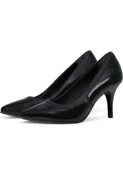 Hakiki Deri Stiletto Topuklu Ayakkabı Siyah - 7,5 Cm İnce Topuk Sivri Burun - Rugan Detaylı El İşçiliği Premium Deri GRS035-SH