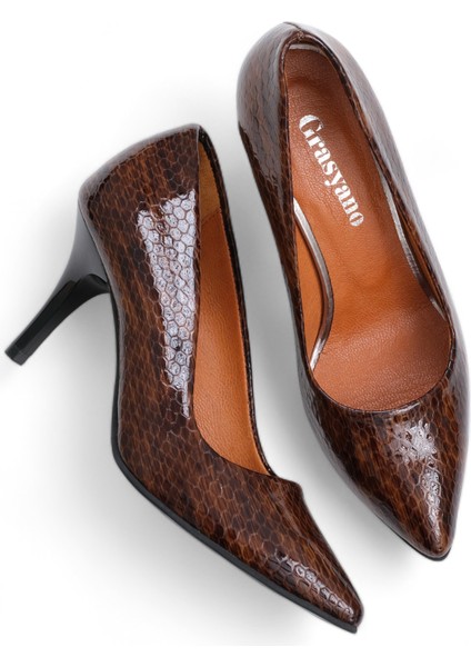 Deri Kahve Rugan Yılan Desenli Premium Gerçek Deriden Şık Konforlu 7,5 cm Ince Topuk Stiletto