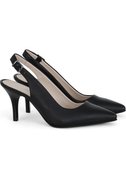 Hakiki Deri Stiletto Sandalet Topuklu Ayakkabı SİYAH - 7,5 Cm İnce Topuk Sivri Burun - El İşçiliği Premium Deri GRS048-SH