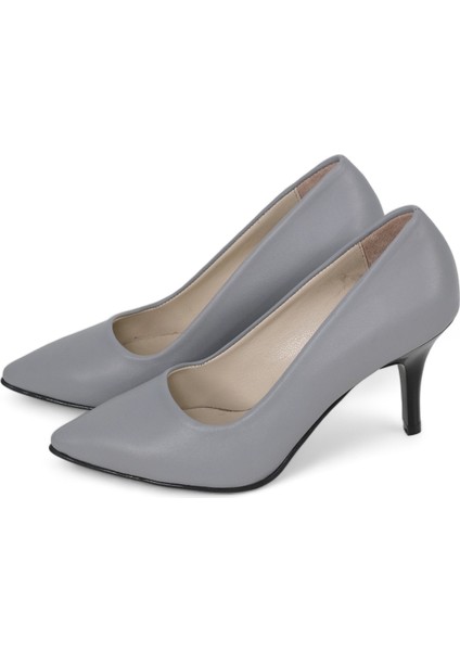 Hakiki Deri Stiletto Topuklu Gri - 7,5 Cm İnce Topuk Sivri Burun - El İşçiliği Premium Konfor Yumuşak Deri GRS028-GR