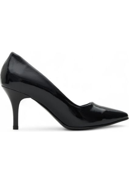 Hakiki Deri Stiletto Topuklu Ayakkabı Siyag Rugan - 7,5 Cm İnce Topuk Sivri Burun - El İşçiliği Premium RUGAN Deri GRS044-SH