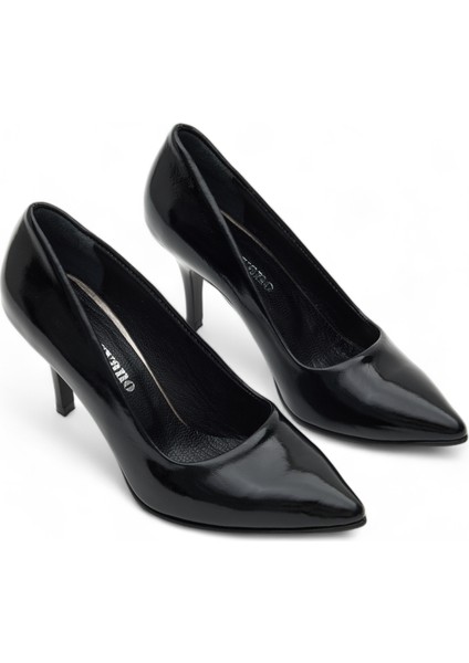 Hakiki Deri Stiletto Topuklu Ayakkabı Siyag Rugan - 7,5 Cm İnce Topuk Sivri Burun - El İşçiliği Premium RUGAN Deri GRS044-SH fırsatları