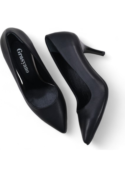 Hakiki Deri Stiletto Topuklu Siyah - 7,5 Cm İnce Topuk Sivri Burun - El İşçiliği Premium Konfor Yumuşak Deri GRS028-SH modelleri