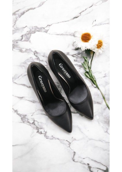 Hakiki Deri Stiletto Topuklu Siyah - 7,5 Cm İnce Topuk Sivri Burun - El İşçiliği Premium Konfor Yumuşak Deri GRS028-SH indirimleri