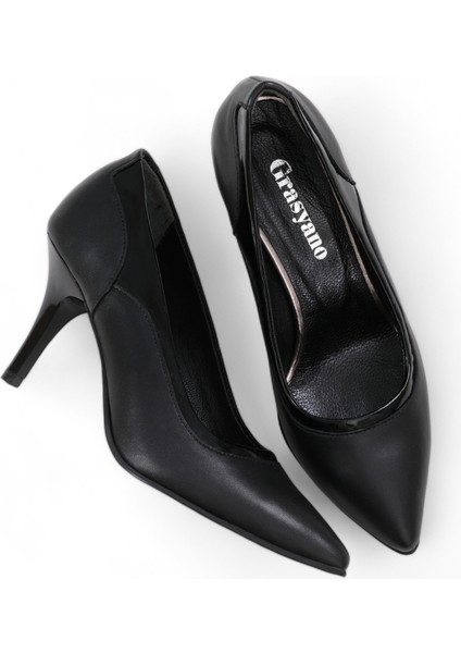 Hakiki Deri Stiletto Topuklu Ayakkabı Siyah - 7,5 Cm İnce Topuk Sivri Burun - Rugan Detaylı El İşçiliği Premium Deri GRS046-SH modelleri