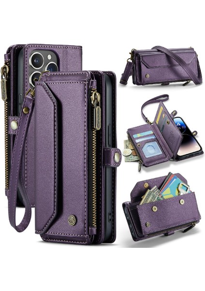 Iphone 14 Için Crossbody Durumda Pro Kart Tutucu Kılıf Cüzdan Fermuar Faturaları Yuvası (Yurt Dışından)