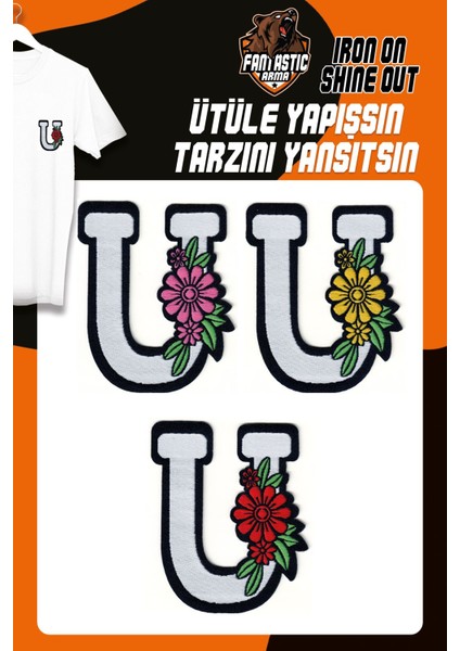 Ütü ile Yapışan Dokuma Arma Seti Patch Yama Çiçekli Harfler Modeli U Harfi (3 Adet)