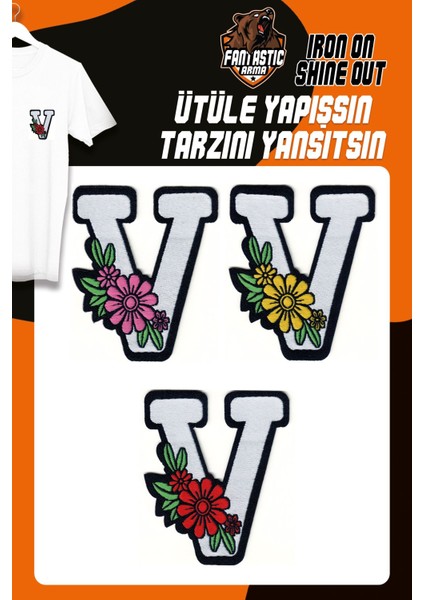 Ütü ile Yapışan Dokuma Arma Seti Patch Yama Çiçekli Harfler Modeli V Harfi (3 Adet)