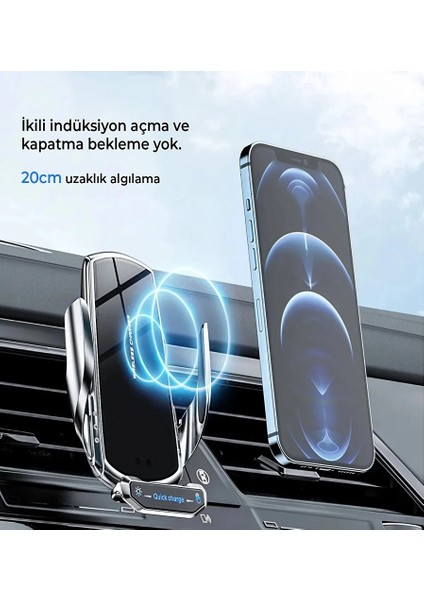Araç Içi 20W Kablosuz Şarj Telefon Tutucu Sensörlü LED Işıklı Tüm Modellere Uyumlu fiyatları