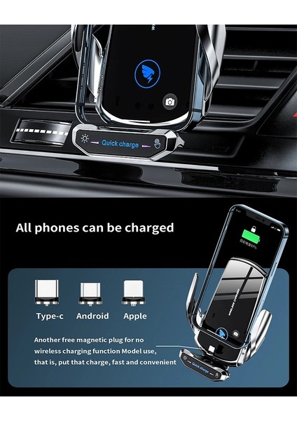 Araç Içi 20W Kablosuz Şarj Telefon Tutucu Sensörlü LED Işıklı Tüm Modellere Uyumlu indirimleri