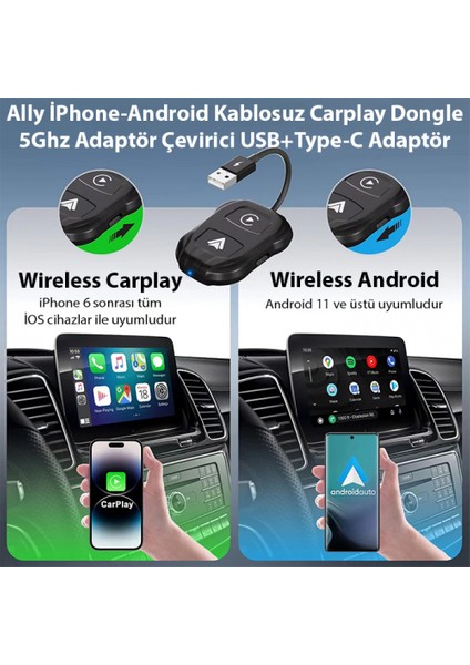 iPhone ve Android  Için Kablosuz Carplay  5ghz Adaptör Çevirici Usb+Type-C Uyumlu Adaptör