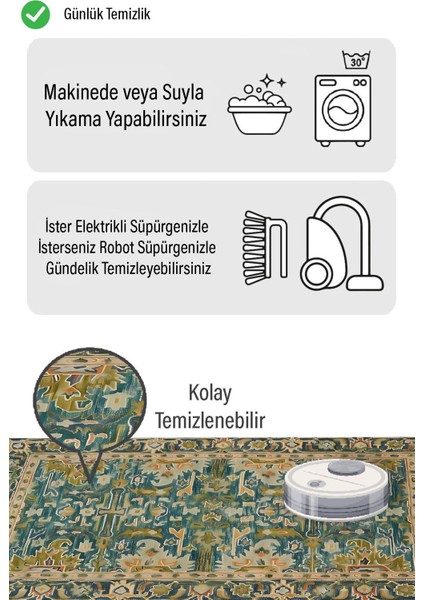 Marka Dekor Yeşil Temalı Otantik Desen Dijital Baskılı Kaymaz Zenit Halı