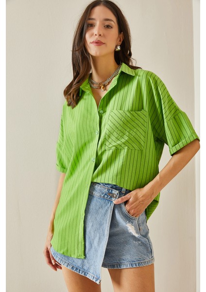 Yeşil Tek Cepli Çizgili Gömlek 5YXK2-48637-08