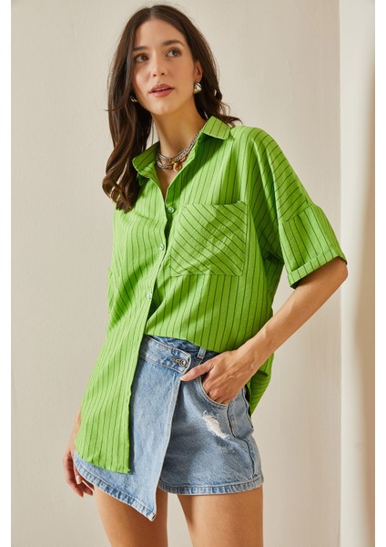 Yeşil Tek Cepli Çizgili Gömlek 5YXK2-48637-08 fiyatları