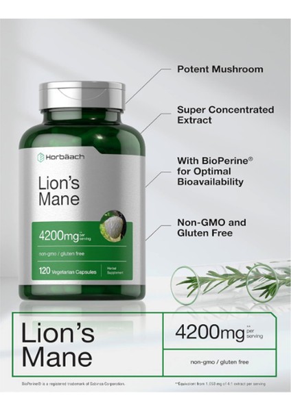 Horbäach Lions Mane Mushroom Extract | 4200MG | 120 Capsules | Vegetarian Non-Gmo Gluten Free