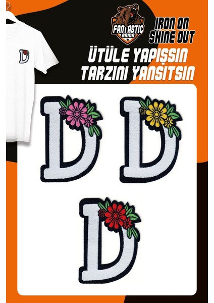 Ütü ile Yapışan Dokuma Arma Seti Patch Yama Çiçekli Harfler Modeli D Harfi (3 Adet)