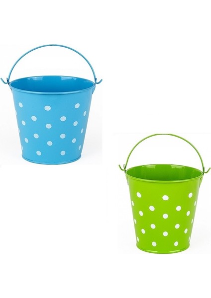2 Pcs Vıp Decoratıve Green Blue Pail 2 Adet Saplı Metal Kova Puantiyeli Kova Mavi Kova Yeşil Kova