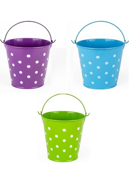 3 Adet Saplı Metal Kova Puantiyeli Kova Mavi Kova Yeşil Kova Mor Kova 3 Pcs Vıp Decoratıve Pail