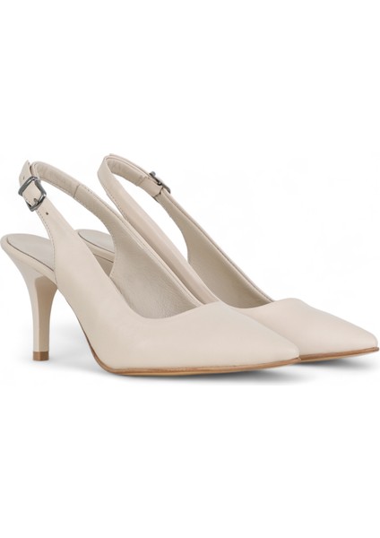 Hakiki Deri Stiletto Sandalet Topuklu Ayakkabı EKRU - 7,5 Cm İnce Topuk Sivri Burun - El İşçiliği Premium Deri GRS048-EK