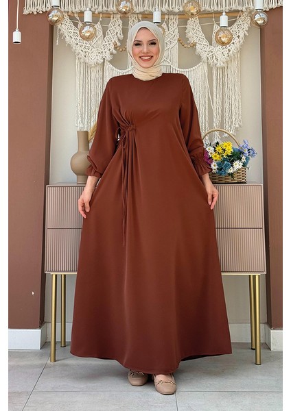 Tek Tarafı Yandan Büzmeli Elbise 6017 Kahverengi
