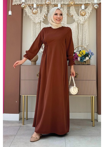 Tek Tarafı Yandan Büzmeli Elbise 6017 Kahverengi fiyatları