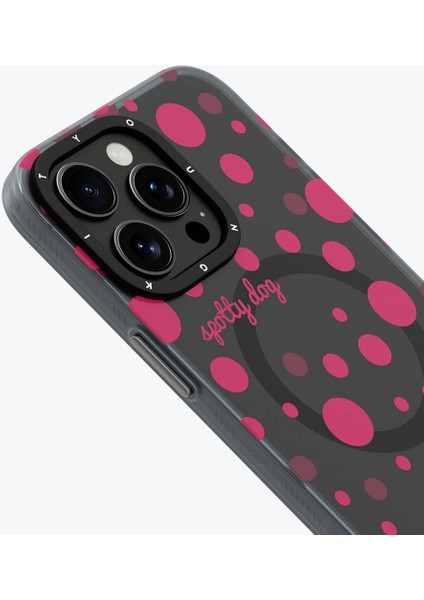 iPhone 15 Pro Uyumlu Kılıf Magsafe Şarj Özellikli Polka Dot Desenli Youngkit Spots Serisi Kapak Gri