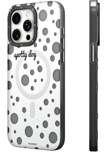 iPhone 15 Pro Uyumlu Kılıf Magsafe Özellikli Polka Dot Desenli Youngkit Spots Serisi Kapak Beyaz