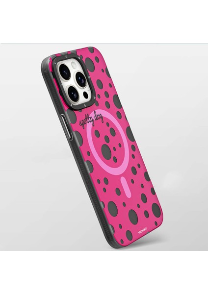 iPhone 13 Pro Uyumlu Kılıf Magsafe Özellikli Polka Dot Desenli Youngkit Spots Serisi Kapak Pembe