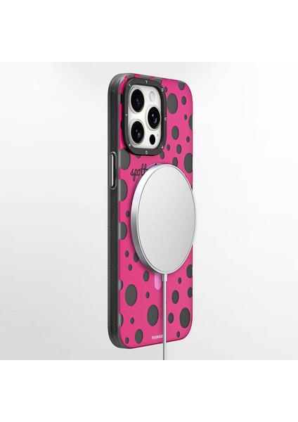iPhone 13 Pro Uyumlu Kılıf Magsafe Özellikli Polka Dot Desenli Youngkit Spots Serisi Kapak Pembe