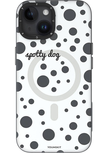 iPhone 15 Uyumlu Kılıf Magsafe Şarj Özellikli Polka Dot Desenli Youngkit Spots Serisi Kapak Beyaz