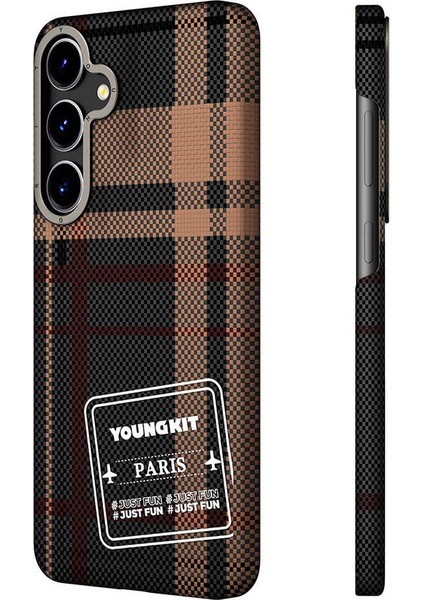 Galaxy S24 Plus Uyumlu Kılıf Ekose Desenli Youngkit Gezhi Serisi Kapak Kahverengi