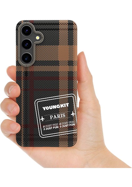 Galaxy S24 Plus Uyumlu Kılıf Ekose Desenli Youngkit Gezhi Serisi Kapak Kahverengi