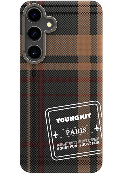 Galaxy S24 Plus Uyumlu Kılıf Ekose Desenli Youngkit Gezhi Serisi Kapak Kahverengi