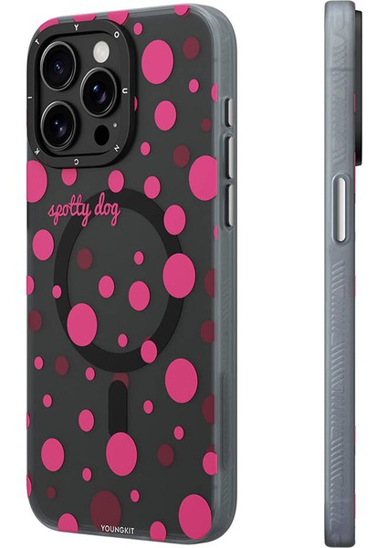 iPhone 13 Pro Max Uyumlu Kılıf Magsafe Özellikli Polka Dot Desenli Youngkit Spots Serisi Kapak Gri