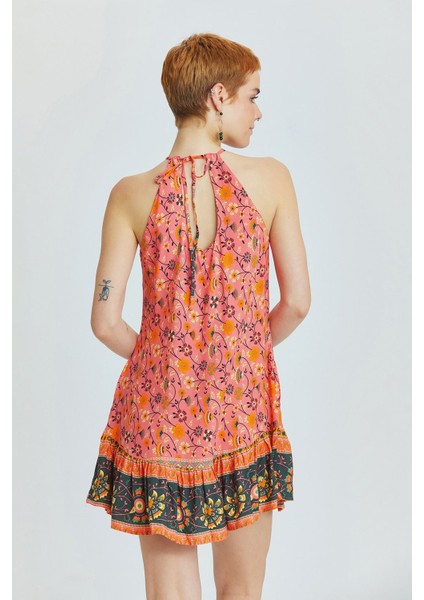 Halter Yaka Eteği Fırfırlı Mini Elbise Pembe fırsatları