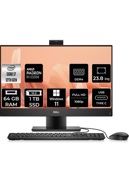 Optiplex 7400 Intel Core I7 12700 64GB 1tb SSD RX6500M/4GB 23.8'' Fhd W11P All In One Bilgisayar DOPTPN448