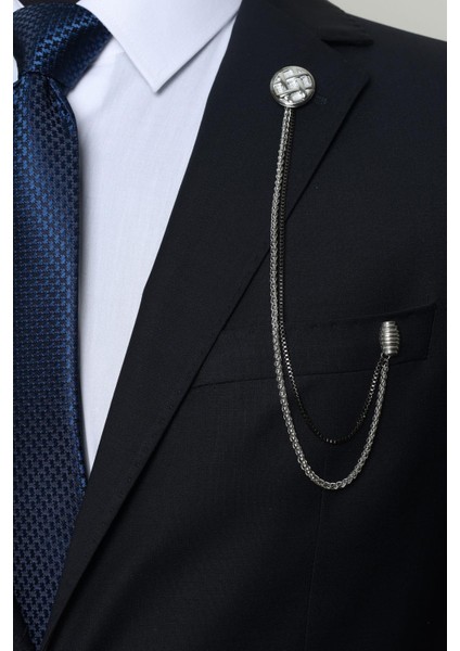 Desenli Gümüş Gri Zincirli Ceket Yaka Iğnesi