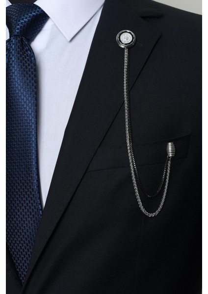 Inci Taşlı Gümüş Zincirli Ceket Yaka Iğnesi